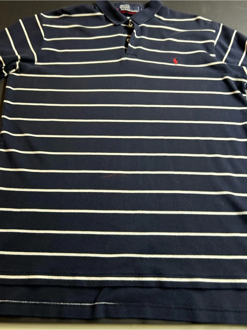Ralph Lauren Navy and White Striped Polo with Red Pony